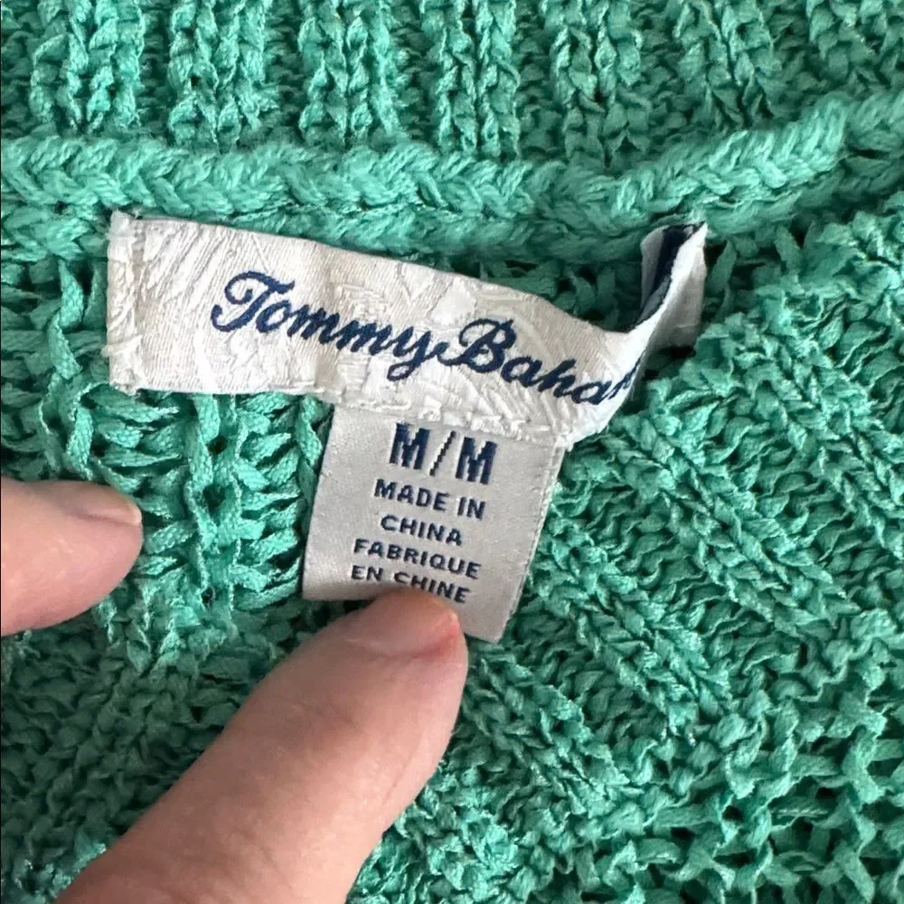 TOMMY BAHAMA Size M Aqua Green Short Sleeve Open Knit Pullover Sweater